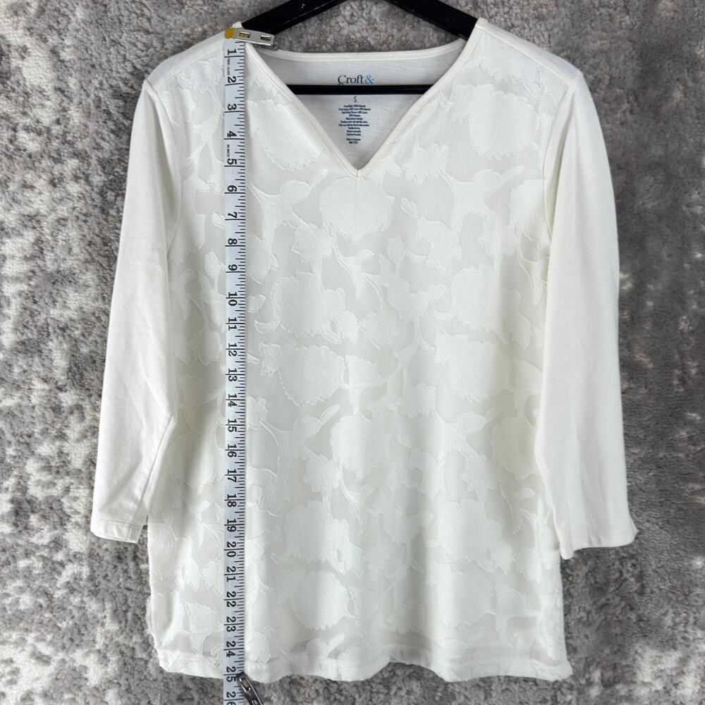 Croft Barrow Size S Floral Casual V‎ Neck Top Ivory 3/4 Sleeve Pullover - Picture 4 of 8